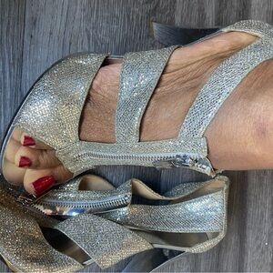 Sequin dressy open toe sandal heels.